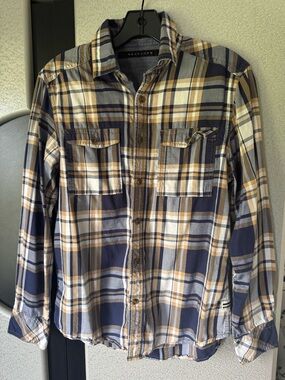 Sean John Navy Blue, White & Tan Plaid Button-Down Shirt